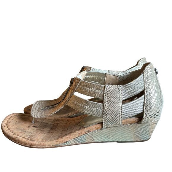 Donald Pliner Women Sandals Size 10 Dori Gold Front Zip Wedge Strappy Adjustable - Picture 4 of 11